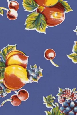 Oilcloth Fabric Pears & Apples Blue Pattern Sold in Yard or Bolt - Image 1 of 2