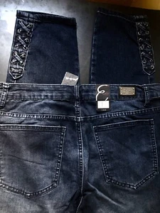 Damen Earl Jeans dunkle Waschung hoher Bund dünnes Bein mit seitlichen Schnürsenkeln Jeans Größen 16W-24W - Bild 1 von 8