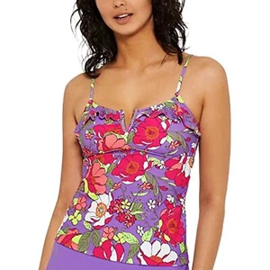 MSRP $30 Hula Honey Womens Floral Ruffle Swim Tankini Top Purple M - Picture 1 of 4