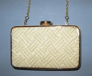 Kate Landry Evening Purse Beaded Pearls Rhinestone Metal Box Gold Chain Strap EC - Picture 1 of 10