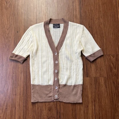 Vintage Helen Harper Top Small Ivory Brown Button Front Short Sleeve Retro 70s - Image 1 of 4