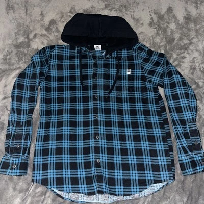 DC SHOE CO Flannel Hoodie Blue Black Button Shirt Long Sleeve Men’s Sz S Pocket - Image 1 of 4
