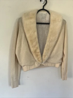 Vintage Hadley M Cashmere Real Fur Collar 1960s Sweater Needs TLC - Image 1 of 4