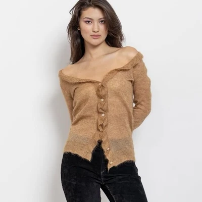 🩷 Cárdigan J.Crew Mujer Mediano Mezcla Mohair Volantes Ligero Color Dorado Foto 1 de 4