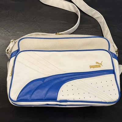 老式复古彪马乙烯基蓝色白色信使挎包单肩包笔记本电脑拉链 — 第 1/4 张图片