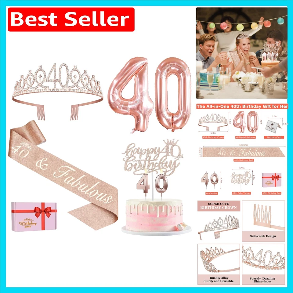 Stunning 40th Birthday Essentials: Sash, Tiara, Cake Topper & Rose Gold Accents — 第 1/4 张图片