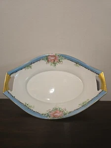 Hand Painted Porcelain Gold Blue Trim Pink Rose serving decorative oval dish - Picture 1 of 14