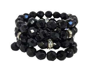 Vintage Black Bead Memory Coil Bracelet w/ Rhinestone Rondelle Accents - Picture 1 of 5