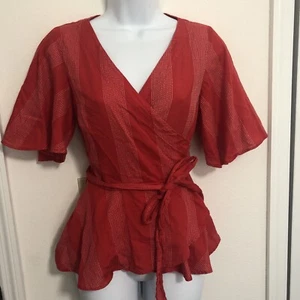 Loft Ann Taylor Dobby Streifen Wickel Schößchen Top XS rot weiß Flatterärmel NEU - Bild 1 von 9