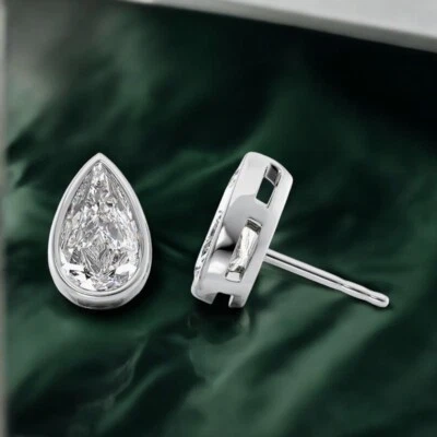 Solid 950 Platinum Womens Earring 2 Carat IGI Lab Created Pear Cut Diamond Stud - Image 1 of 4