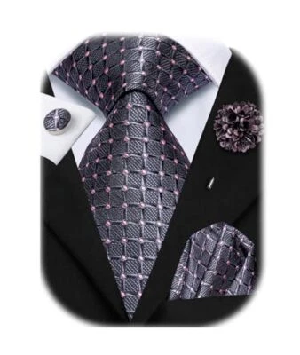  Juego de corbatas tejidas para hombre corbata y solapa alfiler bolsillo cuadrado gris rosa a cuadros Foto 1 de 4
