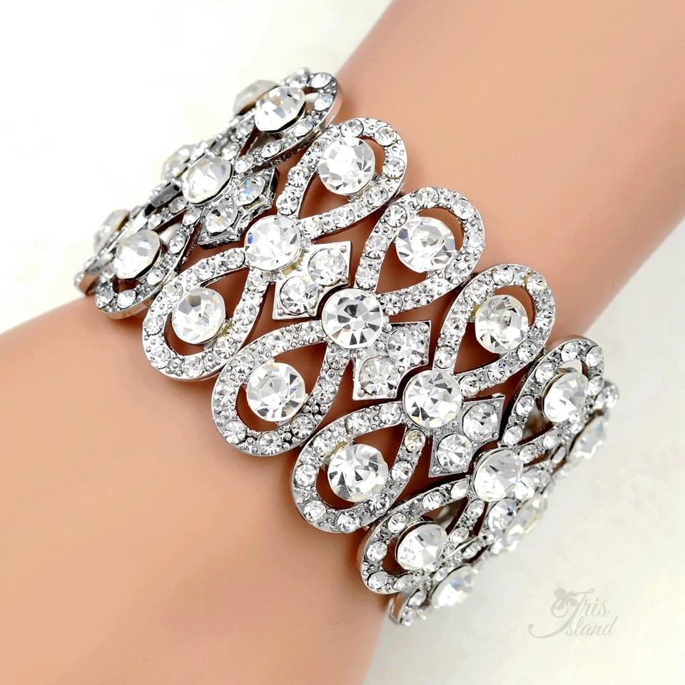 Stretch Bracelet Clear Crystal Silver Tone Bangle Cuff Bridal Wedding 09998 - Image 1 of 4