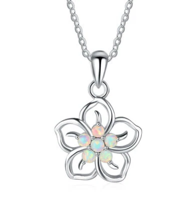 E05 Fiore Bianco Opale Di Fuoco In Argento Sterling 925 Con Ciondolo E Collana - Immagine 1 di 4