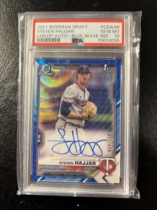 2021 BOWMAN DRAFT STEVEN HAJJAR BLUE WAVE REFRACTOR 34/150 1ST AUTO PSA 10 - Picture 1 of 2