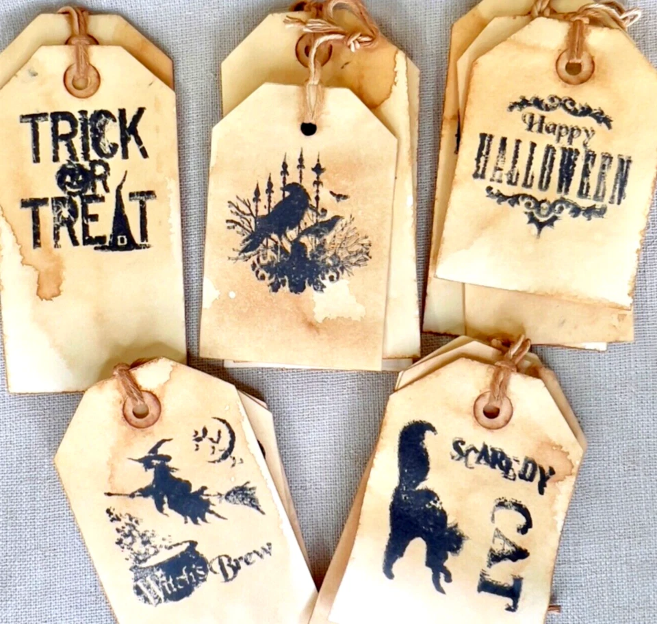 Folk-Art Primitive Halloween Stamped Hang Tags, 14-pcs (Large 4.25") & (XL 5.5") - Image 1 of 4