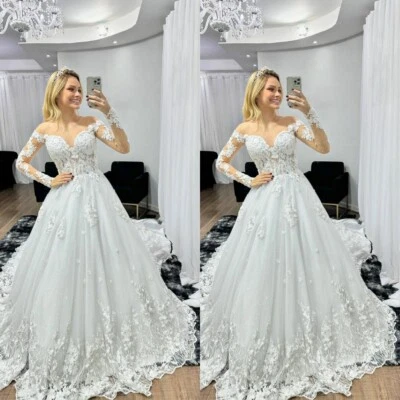 Elegant Wedding Dress Long Sleeves Lace Appliques Sweetheart A Line Bridal Gowns - Image 1 of 4