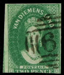 1855 Tasmania 2d Deep Green SG 15 Wonderful Colour Fine Used Cat. £550.00 - Picture 1 of 1