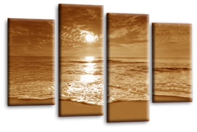Large Seascape Sunset Love Art Print Brown Cream Framed Split Canvas Picture - Image 1 of 4