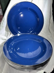8 Piatti Smaltati Metallo Blu Cobalto Stile Campeggio 10” con Bordo Acciaio Inox - Foto 1 di 5