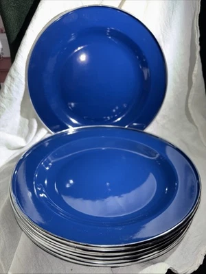 8 Cobalt Blue Metal Enamelware Plates Camping Style 10” With StainlessSteel Trim - Image 1 of 4