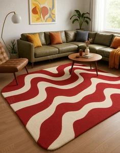 Hand Tufted Wool Rug Red and Cream Wavy Design Modern Abstract Rug for Living Ro - Picture 1 of 7