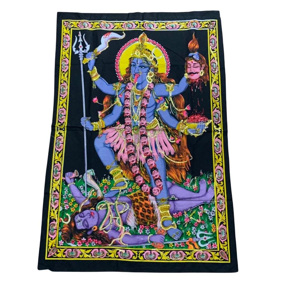 Tapiz indio colgante de pared diosa batik Kaali Ma Kali lentejuelas algodón póster Foto 1 de 4
