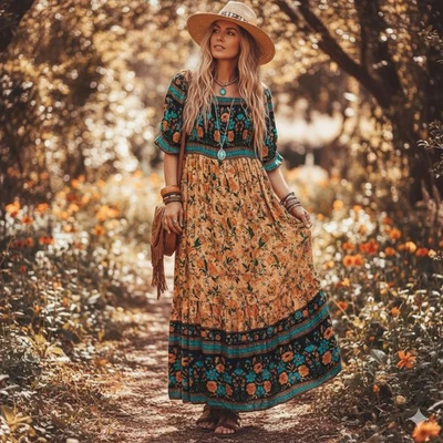 Boho Milkmaid Cottagecore Floral Tier Maxi Dress XL Puff Sleeve Turquoise Amber - Image 1 of 4