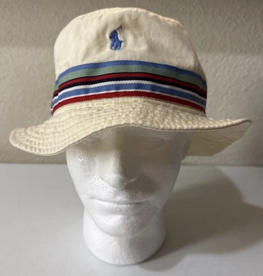 Vintage Polo Ralph Lauren Chino Bucket Hat L/XL Beige Blue Pony Striped 90s Y2K - Image 1 of 4