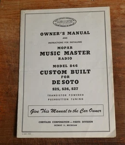 VTG 1956 57 Owners Manual Mopar Model 846 Desoto S25 S26 S27 Music Master - Foto 1 di 4