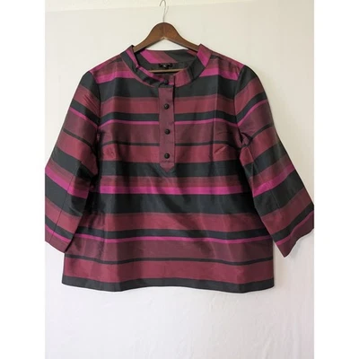 Top Talbots Seda Rayas Cuello Mandarín Talla 18 Borgoña Negro Rosa Audaz Elegante Foto 1 de 4