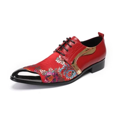 Men's Real Leather Metal Pointed Toe Floral Embroidery Lace Up Party Dress Shoes - Image 1 of 4