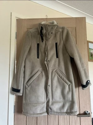 Beige Suede Winter Coat H&M Size 10 Women’s Fleece Liner Very Good Condition - Image 1 of 4