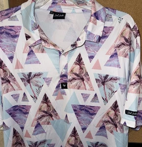 Bad Birdie Polo Shirt Sz L Geometric Palm Print Triangle Golf Cotton Candy - Picture 1 of 6