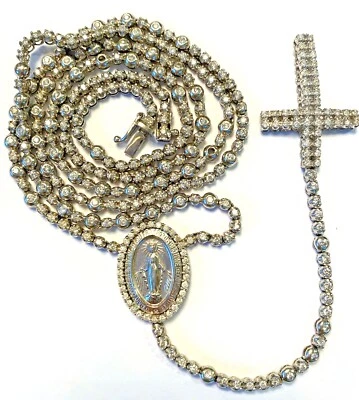 Rosario redondo de diamantes y cadena de diamantes para hombre, oro blanco macizo de 10 k 52 gramos 32 pulgadas Foto 1 de 4