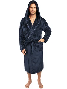 Mens Fleece Robe Hooded Bathrobe Shawl Collar Spa Robe with Hood Soft Microfiber - Picture 1 of 43