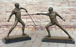 TWO FENCER FENCING BRONZE SCULPTURE FIGURINE FIGURE ART SPORT MARBLE BASE GIFT - Picture 1 of 10
