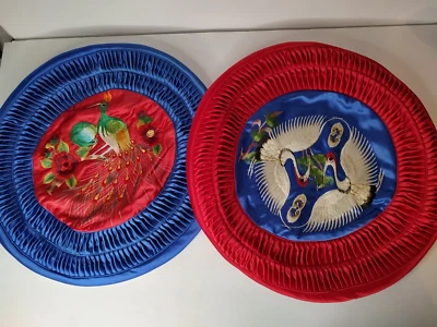 2 fundas de almohada bordadas satinadas de seda china flores de pájaros borde plisado de 16" Foto 1 de 4