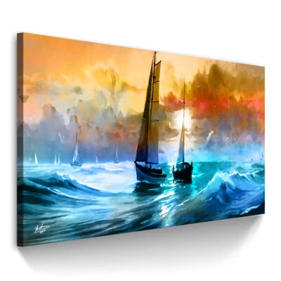 Leinwand Bild Segelboot Meer Abstrakt Wandbilder Wohnzimmer Modern Kunst 4906A - Bild 1 von 4