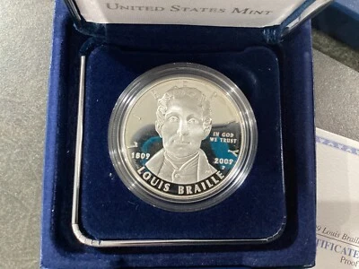 2009-P Louis Braille Commemorative Silver Dollar Gem Proof Box and COA   E1460 - Image 1 of 4