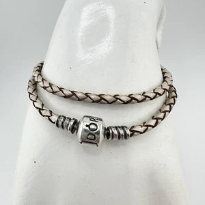 Pandora 925 Sterling Silver White Brown Braided Leather Wrap Charm 13” Bracelet - Picture 1 of 7
