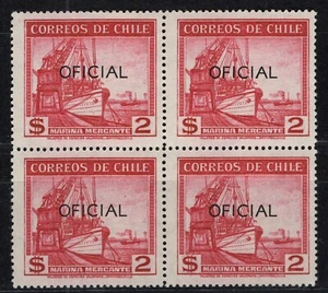 CHILE 1955-56 OFICIAL Views & Sights 2 pesos red MNH on block of 4 wmk.1 - Picture 1 of 1