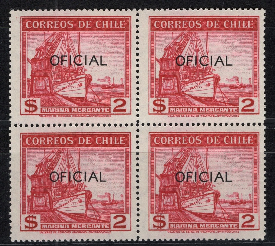 CHILE 1955-56 OFICIAL Views & Sights 2 pesos red MNH on block of 4 wmk.1 - Image 1 of 1