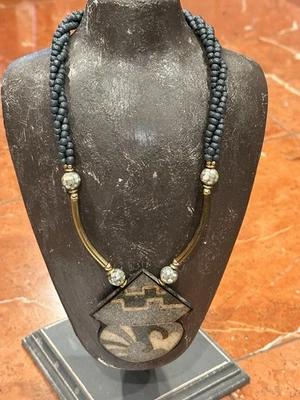 LEE SANDS MOTHER OF PEARL SEED BEAD GREY BRASS ABSTRACT 3" PENDANT 18" Necklace - Image 1 of 4