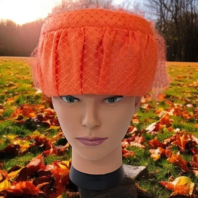 Linen Pill Box Hat Veil MCM Orange Pillbox Mesh Netting Vintage 50s 60s Church  - Image 1 of 4