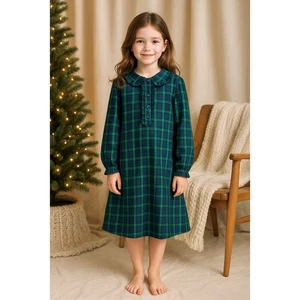 Neu ohne Etikett Rundhalsausschnitt kariert Rüschenkragen Mädchen Nachthemd Winter Urlaub XL 12-14 - Bild 1 von 9