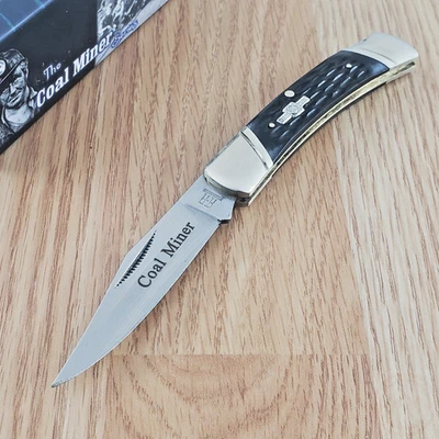 Rough Ryder Coal Miner Folding Knife Stainless Blade Black Jigged Bone Handle