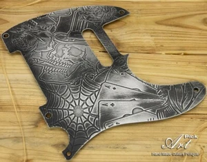 Engraved Aluminum Telecaster Pickguard Silver-Black Tattoo Skull Roses Gambling - Picture 1 of 14