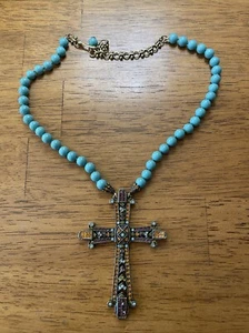 Heidi Daus Large Cross Pendant Necklace Multicolor Crystal Blue Beaded 19 In - Picture 1 of 5