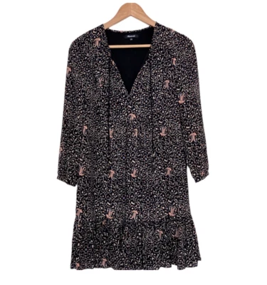 Mini Vestido Madewell 100% Seda Negro Fiesta Paisley Volantes Dobladillo Cerradura Corbata Talla 0 Foto 1 de 4