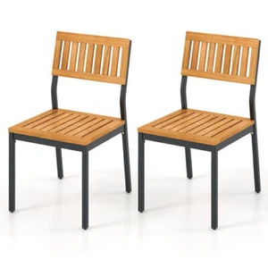 Patio Dining Chair Set of 2 with Metal and Acacia Wood Frame - Color: Natural - Picture 1 of 5